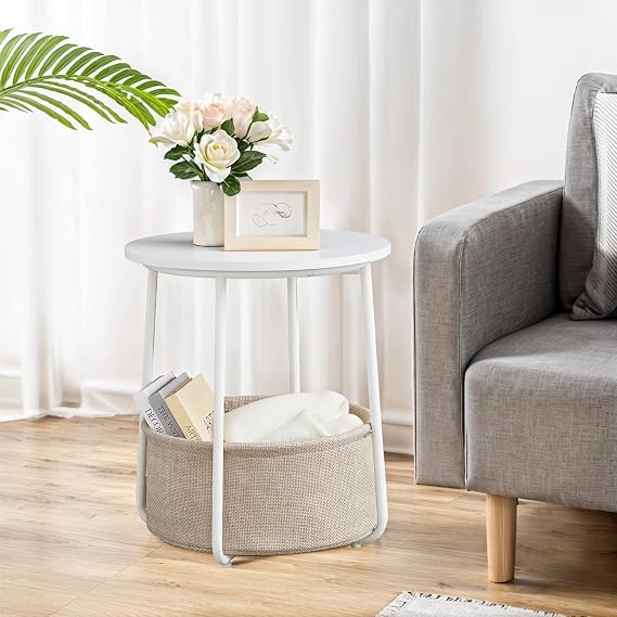 IULULU Modern Round Side End Table with Fabric Basket, Steel Frame Nightstand for Living Room & Bedroom, White