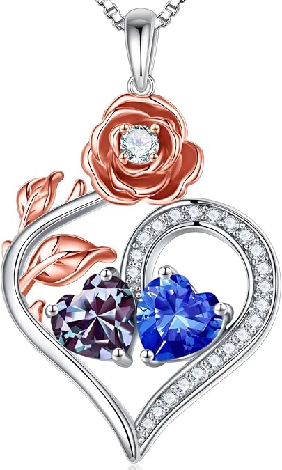 Iefil Double Birthstone Necklace for Women - Rose Necklace, Jewelry Gifts