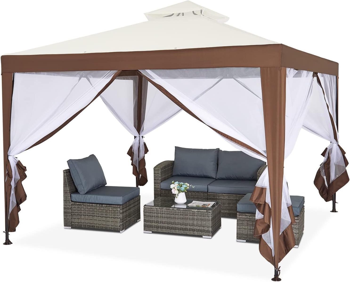Mondeer Garden Gazebo 3x3m, Heavy Duty Outdoor Patio Pavilion with Double Tier Roof and Netting Sidewalls, Metal Frame, Luxury Modern Style