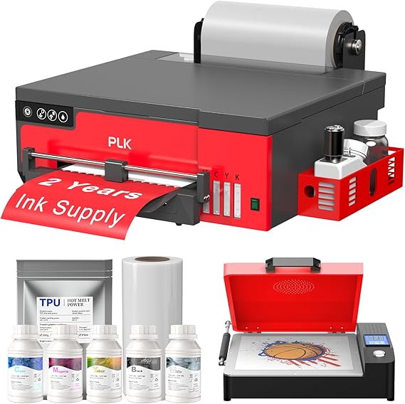 PLK A4 DTF Printer with XP600 Printhead, Sheet and Roll Feeder, Built-in Film Cutter, Upgrade L8058 DTF Printer Machine with White Ink Stirring System 100% Transfer for DIY Printing with Oven Bundle