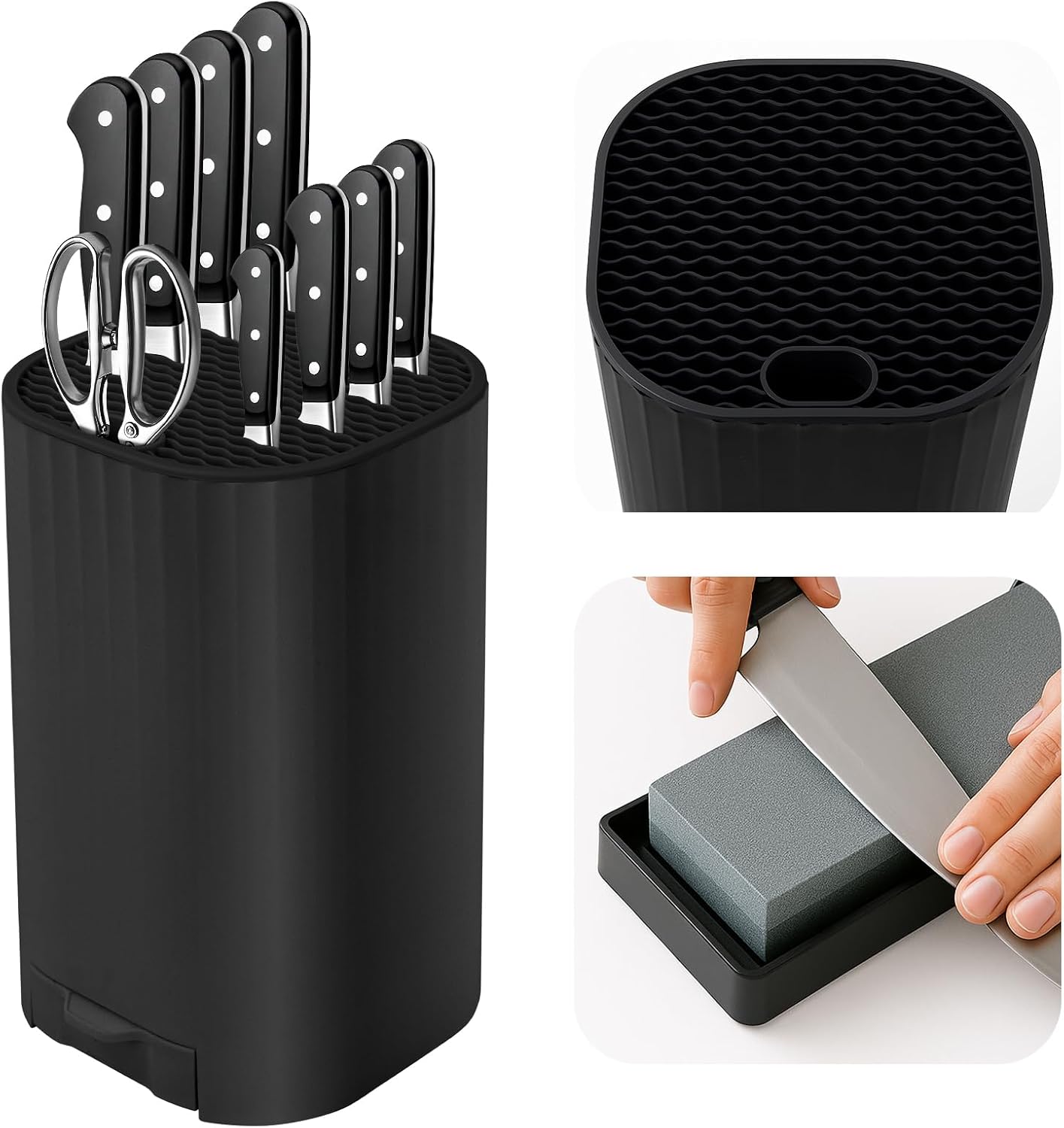 Knife Block Without Knives, Qoosea 4 in 1 Universal Square Knives Block with Scissors Slot Sharpening Rod Slot and Stone, Detachable Kitchen Knife Storage Holder for Easy Cleaning Space Saver-Black