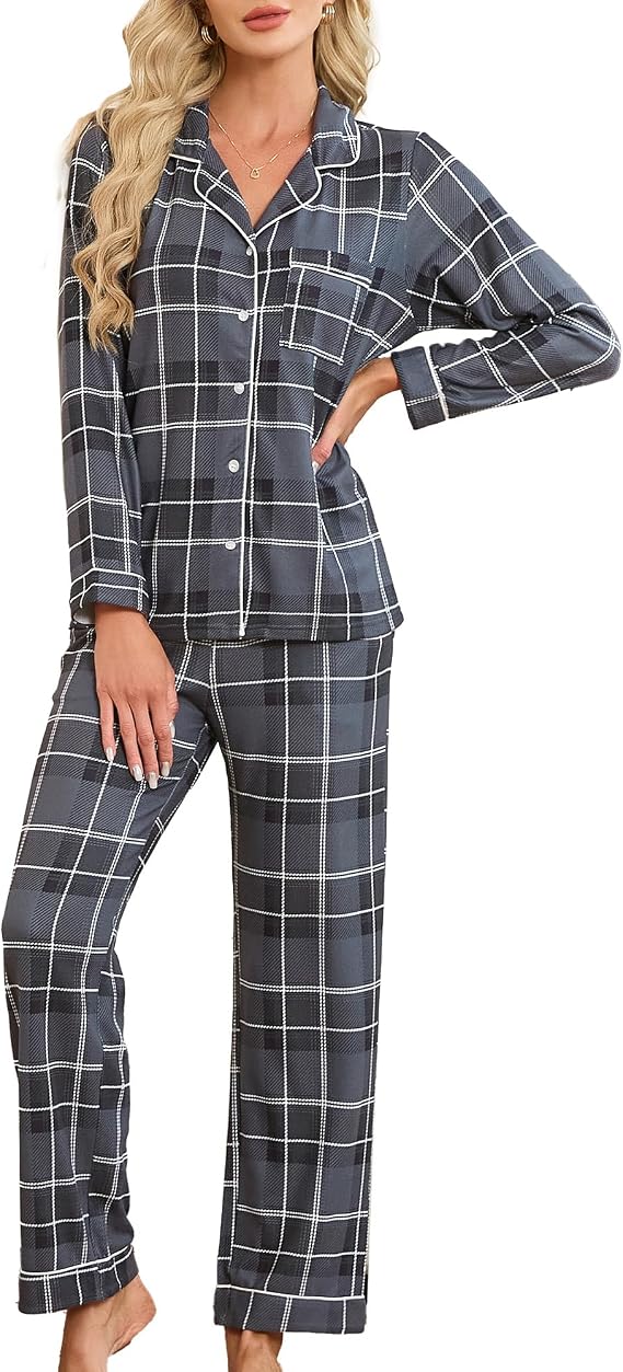 HEARTNICE Women's Plaid Pajama Set Soft & Cozy Long Sleeve Button-Down Sleepwear