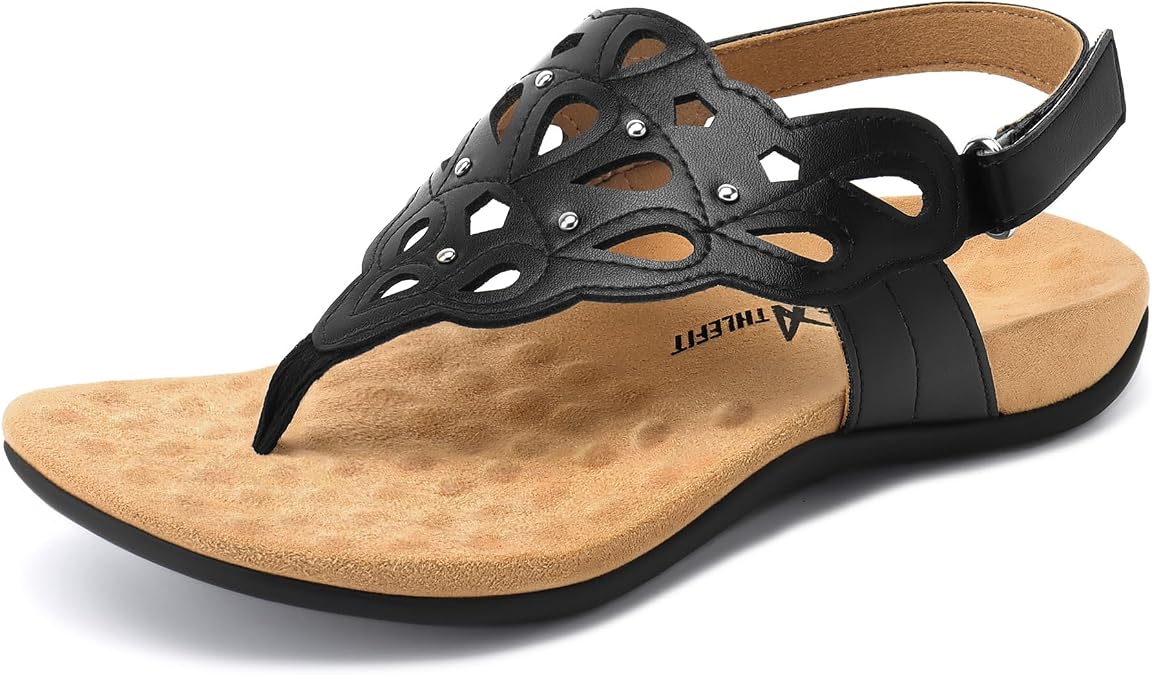 Athlefit Women's Orthopedic Flat Sandals with Arch Support | Adjustable Hook-and-Loop Strap,Thong,Comfortable Footbed, Non-Slip Outsole, Idea for Outdoor Walking,Summer Outings