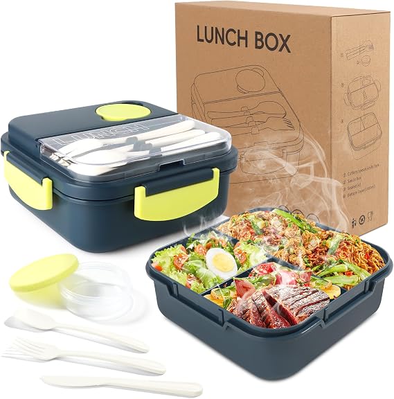 Single Layer Bento Box with 3 Compartments, 1400ml Lunch Box with Cutlery Set, Portable Dinner Snack Boxes Food Containers for School Work Men Women Students Microwave Dishwasher Safe (Blue)