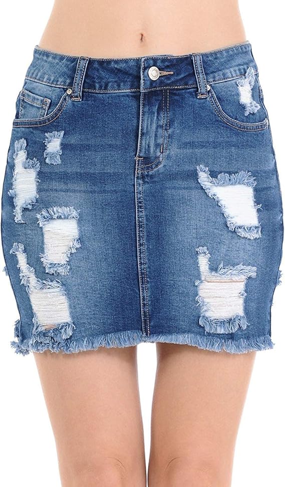 Wax Women's Juniors Casual Distressed A-Line Denim Short Skirt