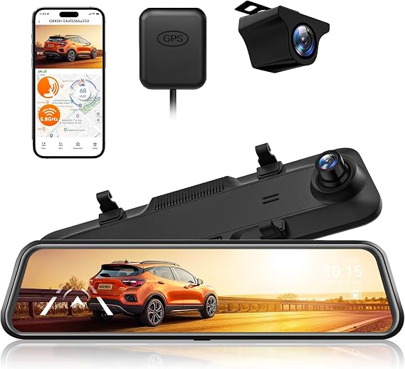 WOLFBOX G840H 12'' Mirror Dash Cam with ADAS and BSD, 2.5K Rear View Mirror Camera Front and Rear, 5.8GHz WiFi, Voice Control, Parking Monitor, Included GPS, Loop Recording (SD Card Not Included)