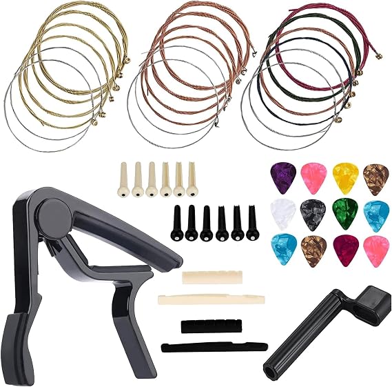 48 PCS Guitar Accessories Kit, Acoustic Guitar Changing Tool, Including Strings, Picks, Capo, String Winder, Bridge Pins, Pin Puller, for Guitar Players and Beginners