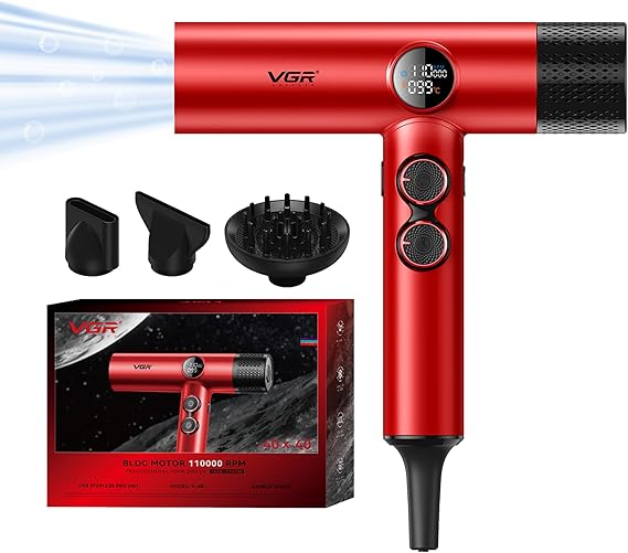 VGR 401 Professional Ionic Hair Dryer with BLDC Motor and 2 Nozzles, Red | 11000 RPM; 40 speed; BLDC motor; 2 nozzles; fast drying; low noise
