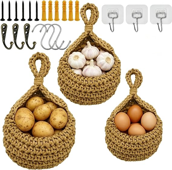 3Pcs Hanging Fruit Basket, Hanging Vegetable Basket for Kitchen, for Fruit Vegetable Storage (Brown) (Regular)