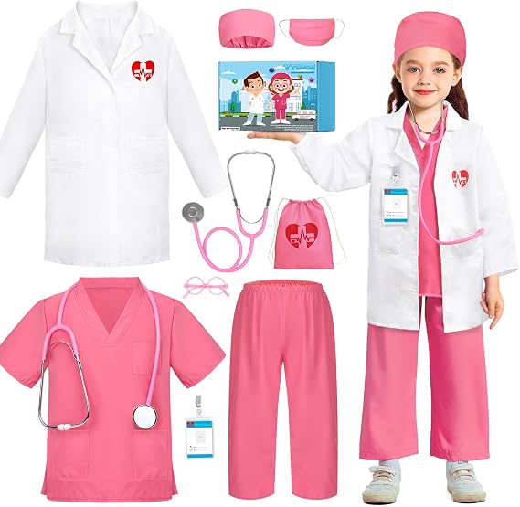 Doctor Costume for Kids Scrubs with Lab Coat, 9Pcs Toddler Nurse Scrubs