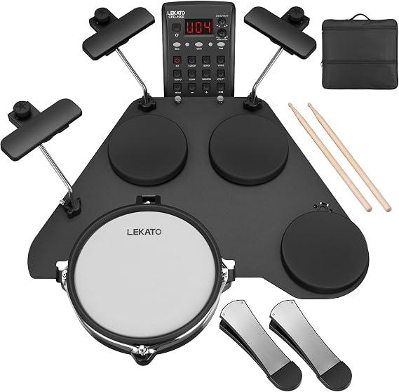 LEKATO Electronic Drum Set with Quiet Mesh Pads, Portable Electric Drum Kit, 220+ Sounds, USB MIDI, 2 Upgraded Big Pedals, Sticks, Travel Bag (Black-Big Pedal)