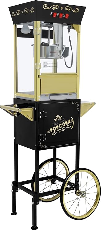 Popcorn Machine with Cart Wheels Popcorn Maker with Stainless Steel Kettle Popcorn Popper for Home, Theater, Parties (12OZ /Cart, Black)