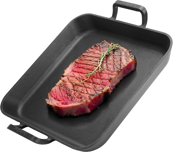 onlyfire Rectangular Grill Pan with Handles, Cast Iron Skillet, BBQ Griddle Pan for Gas Grill, Charcoal Grill and Most Ovens, 31.5 * 31.5 * 3.8 cm