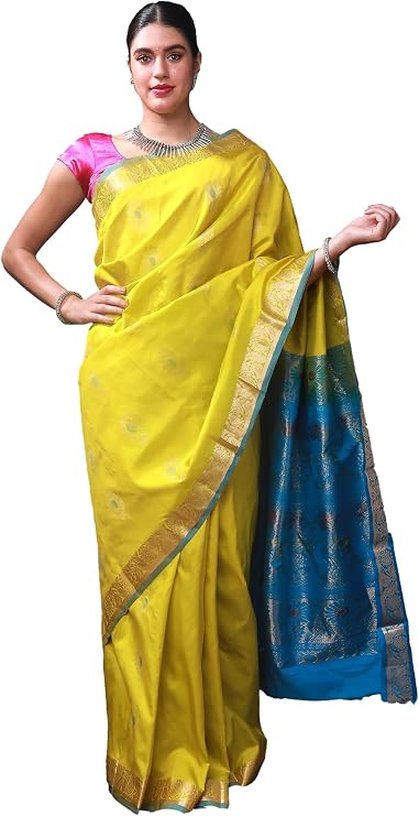Exotic India Cress-Green Kanjeevaram Silk Saree With Brocaded Zari Paisley-Floral Booti From Chennai - Pure Silk