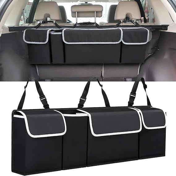 Car trunk organizer bag - storage accessory with adjustable straps, multiple pockets - suitable for cars, sedans, station wagons, SUVs, 4WD vehicles, foldable cargo net, rear seat cover, gadgets.