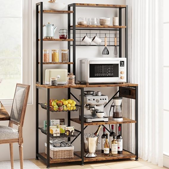 GAOMON Bakers Rack with Power Outlet, Industrial Microwave Stand with 2 Wire Drawer, Large Coffee Bar Station, 7-Tier Kitchen Bakers Rack with Storage for Kitchen Spice, Pots Organizer, Rustic Brown