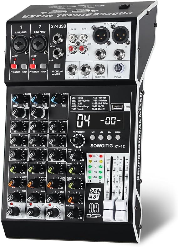 Audio Mixer 4 Channel Professional Sound Mixer Console with 99DSP Effects, Small Mixing Board DJ Mixer w/USB, Bluetooth, 48V Power Supply, PAD Button for Recording Karaoke PA Drum Live Music