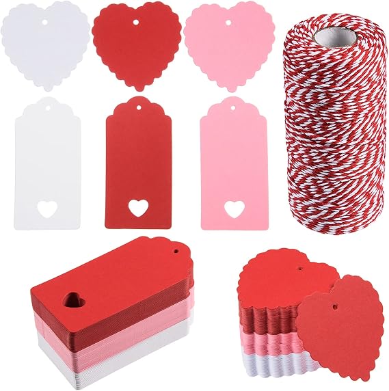 360 Pcs Valentines Day Gift Tags Heart Kraft Paper Tags Valentine's Day Theme Hanging Name Tags Labels with String for Valentine's Day Wedding Birthday Party Wrapping DIY Supplies(Red, White, Pink)