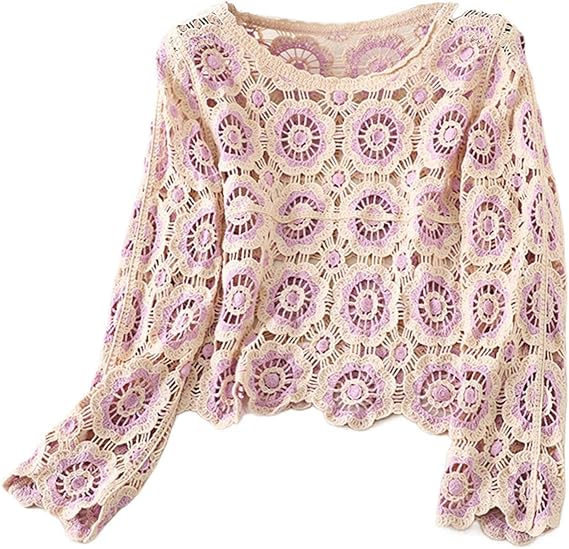 Women Y2k Crochet Floral Knit Pullover Long Sleeve V Neck Sweater Aesthetic Hollow Out Oversized Jumper Top