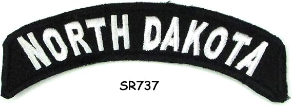 North Dakota White on Black with Border Iron On Sew On Small Rocker State Patch for Jacket Vest