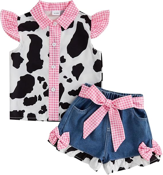 Toddler Girl Denim Western Outfit Baby Cowgirl Clothes Ruffle Cow Print Shirt Button Down Tops Belted Jeans Shorts