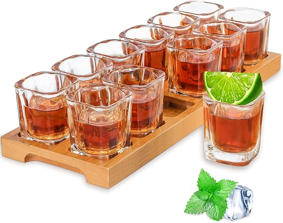 Shot Glass Set - 2oz/60ml Set of 12 Shot Glass Tray Holder Set Thick Base for Club Bar Party (12pcs)