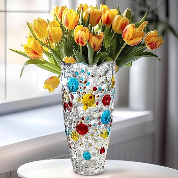 Large Tall Crystal Glass Vase with Handpainted Colourful Dots | Stylish Decorative Flower Vase Ornament, Perfect For Living Room Decor, Wedding Table Centerpieces Birthday Gifts For Women.