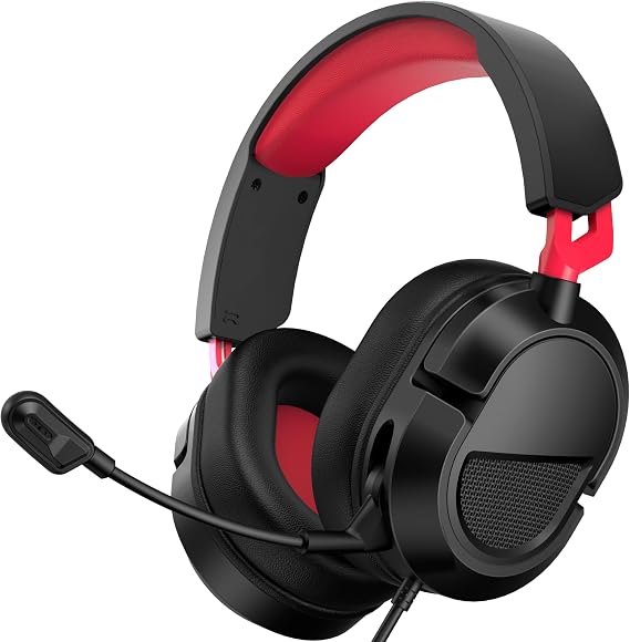 syndesmos Wired Gaming Headset for PS5 PS4 PC Xbox S/X Series Switch, Surround Stereo Sound Gaming Headphones with Noise Cancelling Mic, 3.5mm Over Ear Headphones with 40 mm Drivers, Red