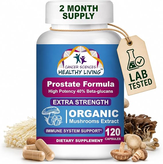 Prostate Wellness Supplements for Men, USDA Certified Organic Mushrooms Extract, Extra Strength 1,500 mg, High Potency 40% Beta-Glucans, Immune, Anti-Aging, Antioxidants, 120 Capsules