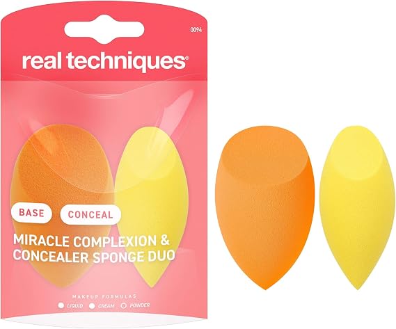 Real Techniques Miracle Complexion Sponge + Concealer Sponge Duo, Makeup Blending Sponges For Foundation & Concealer, Offers Light To Medium Coverage, Natural, Dewy Makeup, Latex-Free Foam 2 Count