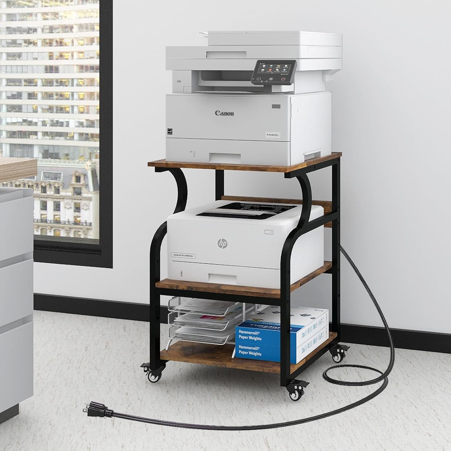 Natwind Large 3-Tier Rolling Printer Cart with Adjustable Shelf, 24”x20” Mobile Stand for Heat Press, 3D Printer, Home Office Multifunctional Shelves with Locking Wheels Retro