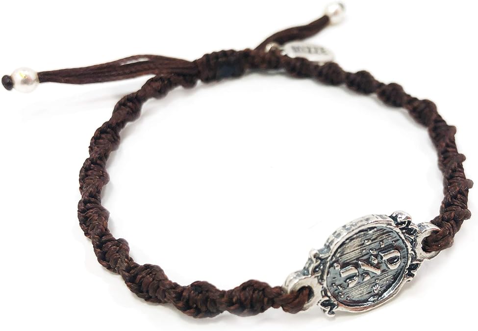 Prosperity 72 Names of God Sterling Silver Charm on Hand Woven Brown Bracelet - Adjustable for Men