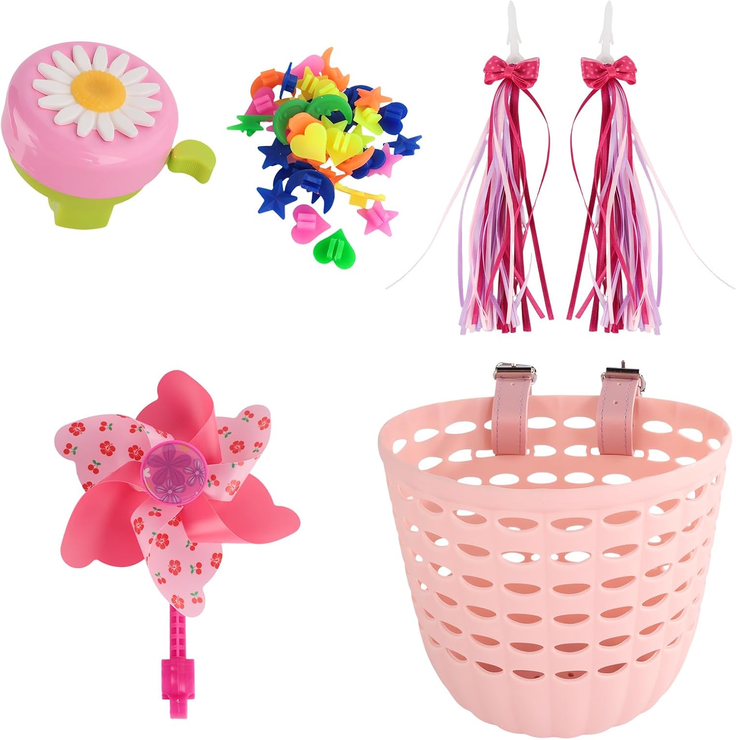 Pink Bike Accessories Kids - Upgraded Kids' Bike Accessories, Including Bicycle Bells, Bow Tassel, Cycling Baskets, Spokes Beads and Windmills, Bicycle Decorations Suitable for Children