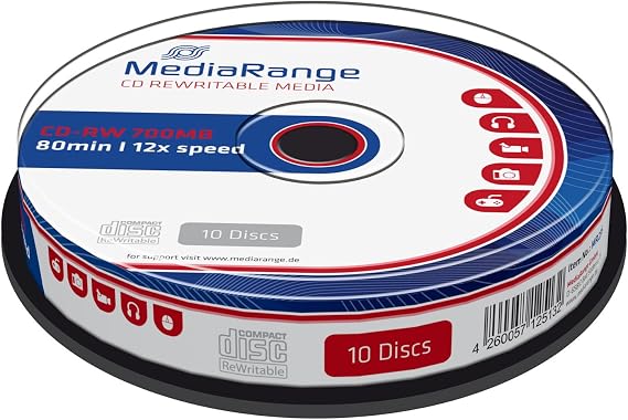 MediaRange MR235 Rewrite – CD CD-RW Virgin (CD-RW 700 MB 12 x Cakebox) Pack of 10 700 MB 12 x writing speed cake box for archive and backup