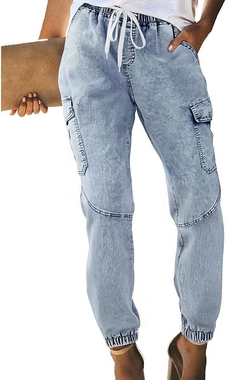 Womens Jeans High Wasited Drawstring Joggers