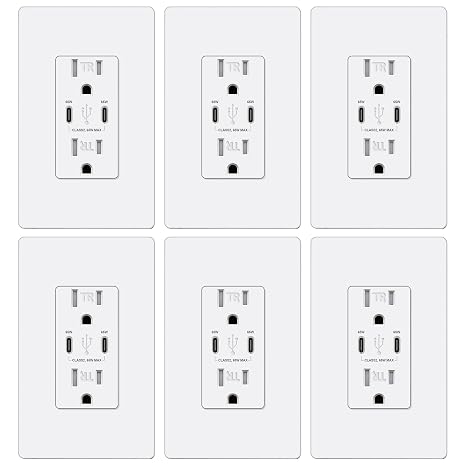 BESTTEN 6 Pack GaN 65W PD 3.0 USB C Outlet Recetacle for Laptop, 15 Amp Power Delivery Wall Outlet with Dual Type C Ports, Tamper Resistant USB Outlet, Screwless Wallplate Included, ETL Listed, White
