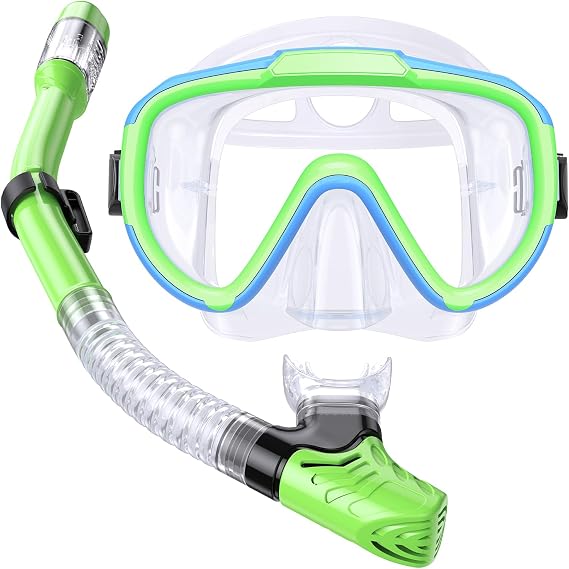 Kids Snorkel Set, Tempered Glass Anti-Fog Dry Top Mask Ages 4-16 | Anti-leak silicone mask, 180 panoramic view, anti-fog coating. Mesh bag included. Adjustable strap fits ages 4-16.