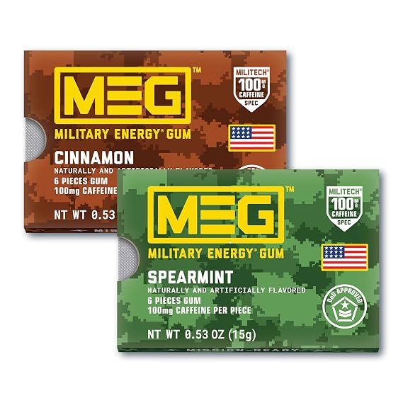 MEG (Military Energy Gum) - Cinnamon & Spearmint Bundle | Enhance Physical Performance -100mg of Caffeine Per Piece, Boost for Workouts, Alternative to Caffeinated Drinks | Pack of 12
