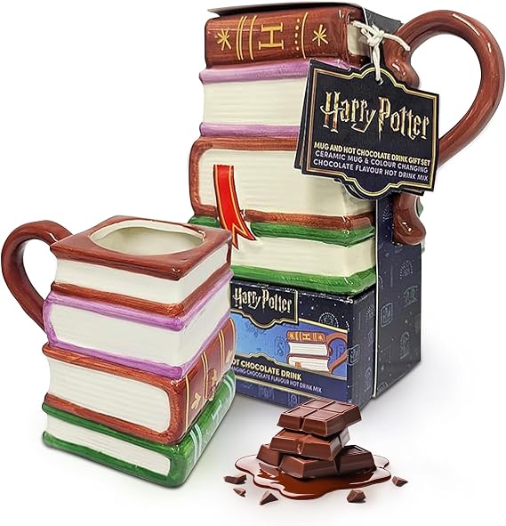 Harry Potter Mug & Hot Chocolate Gift Set - Ceramic Stacked Books Mug with Red Colour Changing Hot Chocolate Drink. Harry Potter Gifts for Stocking Fillers, Christmas Gift for Kids