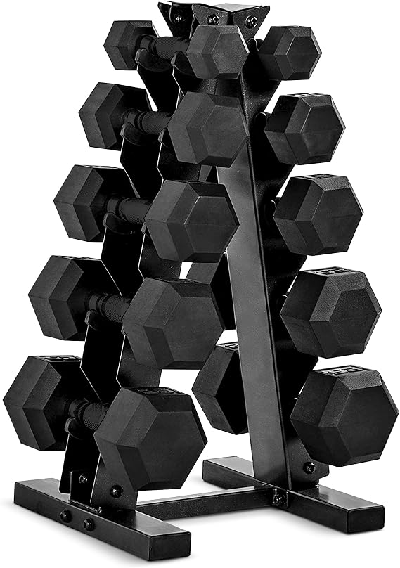 CAP Rubber Coated Dumbbell Weight Set with Vertical Rack | 100 lb, 150 lb, and 210 lb Options