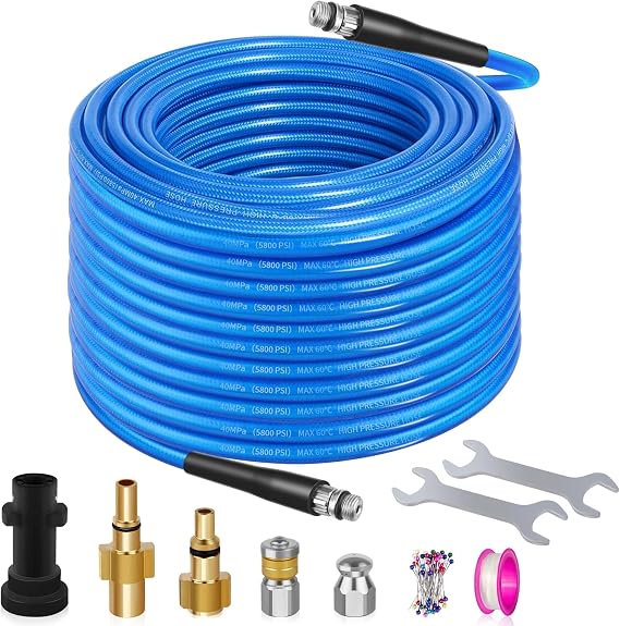 15M Drain Jetter Hose Kit for Karcher K2-K7 Pressure Washers | Sewer Pipe Cleaning Hose with Jet Nozzle & Rotating Nozzle, Tube Unblocker, Includes 3 Adapters for Bosch AQT & Lavor