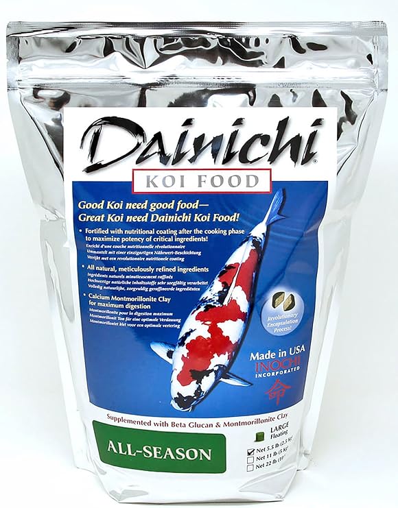 Dainichi Koi Fish Food, All-Season 5.5 lb Bag Large Floating Pellets (8.5 mm) for Koi, Pond Fish and Goldfish Cold-Weather and Winter Formula Easily Digestible Wheat Germ Formula