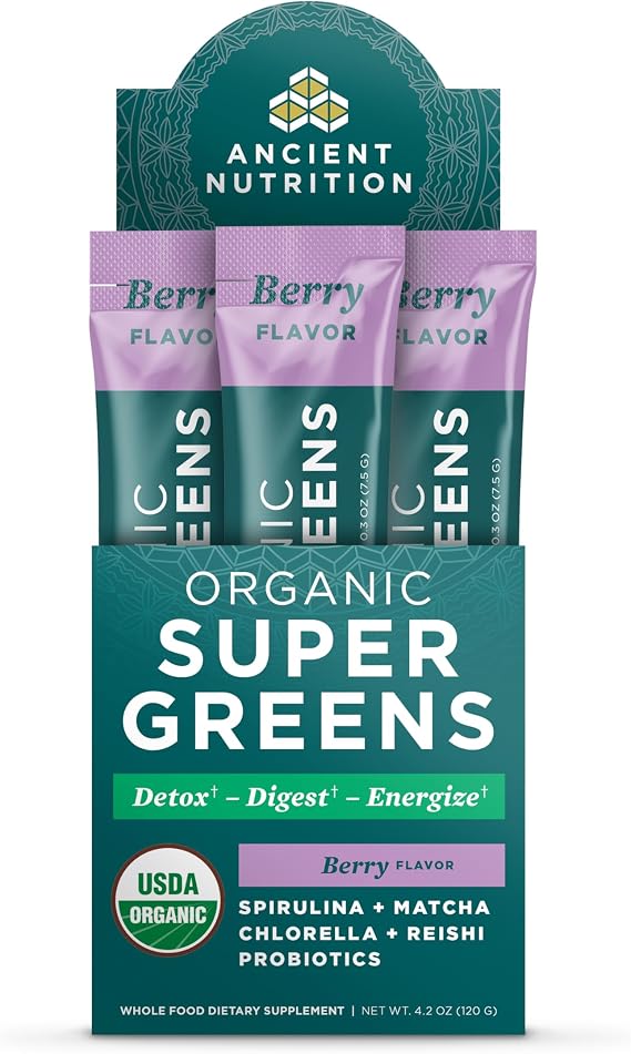 Ancient Nutrition Organic Super Greens Powder, Probiotics, Berry | Made from Real Fruits, Vegetables and Herbs, Digestive and Energy Support, 16 Packets