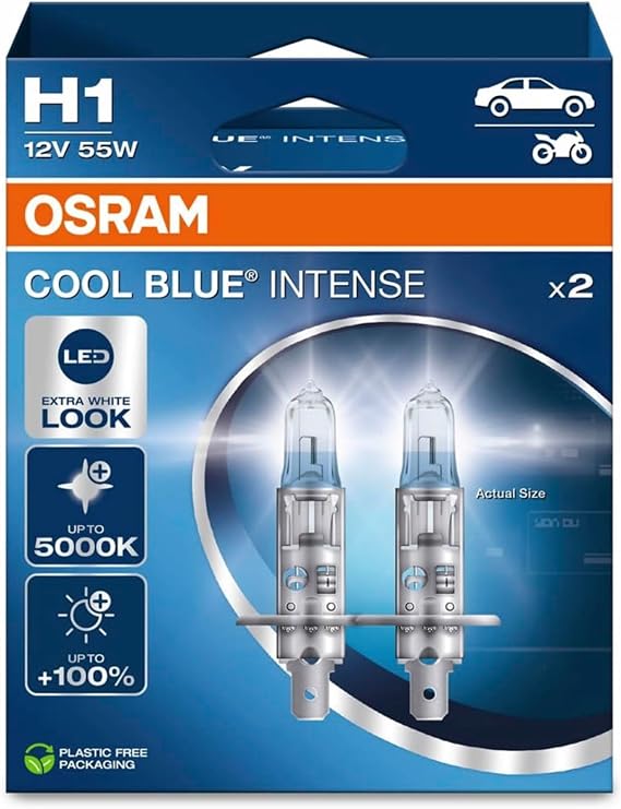 OSRAM H1 Cool Blue Intense Headlight Lamp, 12V 55W, 5000K LED White Light, Pack of 2