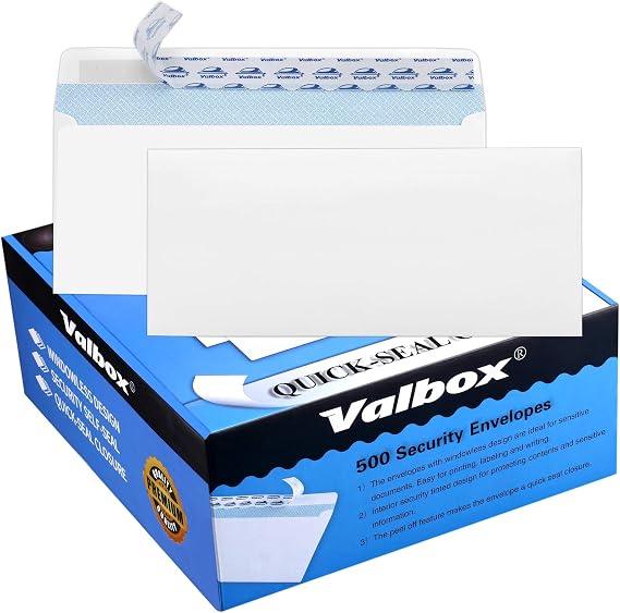 500 Count #10 Security Self-Seal Envelopes Windowless Design Security Tint Pattern for Secure Mailing 4-1/8x9-1/2",White Business Envelopes