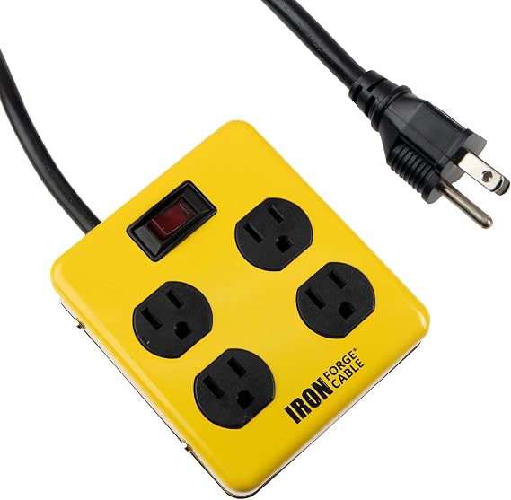Iron Forge Cable 4 Outlet Heavy Duty Surge Protector Power Strip with Built-in Circuit Breaker, 14/3 SJT Black & Yellow with 4 ft Extension Cord