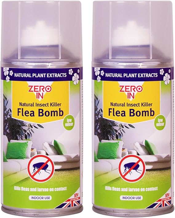 Zero In Natural Insect Killer Flea Bomb 150ml Twin Pack – One-Shot Whole Room Flea Treatment – Kills Fleas, Eggs & Larvae on Contact – Natural Pyrethrins – No Harmful Residues – Treats Up to 40m³
