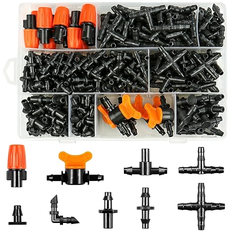 Gardrip 280 Pcs Drip Irrigation Fittings Kit for 1/4" Tubing:Gardrip 1/4 Inch Drip System Barbed Connectors (Nozzles, Nozzle Tees, Valves, Single Barbs, Couplings, Tees, Elbows, Plugs, Crosses)
