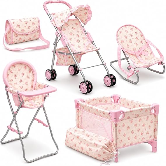 Baby Doll Stroller Bed and Seat Nursery Playset, Baby Doll Accessories Set High Chair Diaper Bag Role Play Deluxe Baby Doll Floral Set