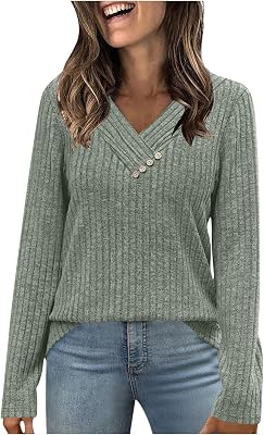 Womens Long Sleeve V Neck Shirts Trendy Loose Fit Flowy Knit Business Tunic Tops Fall Cute Button Down Blouse Clothes